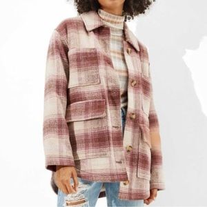 American Eagle Pink Plaid Sherpa Lined Shacket